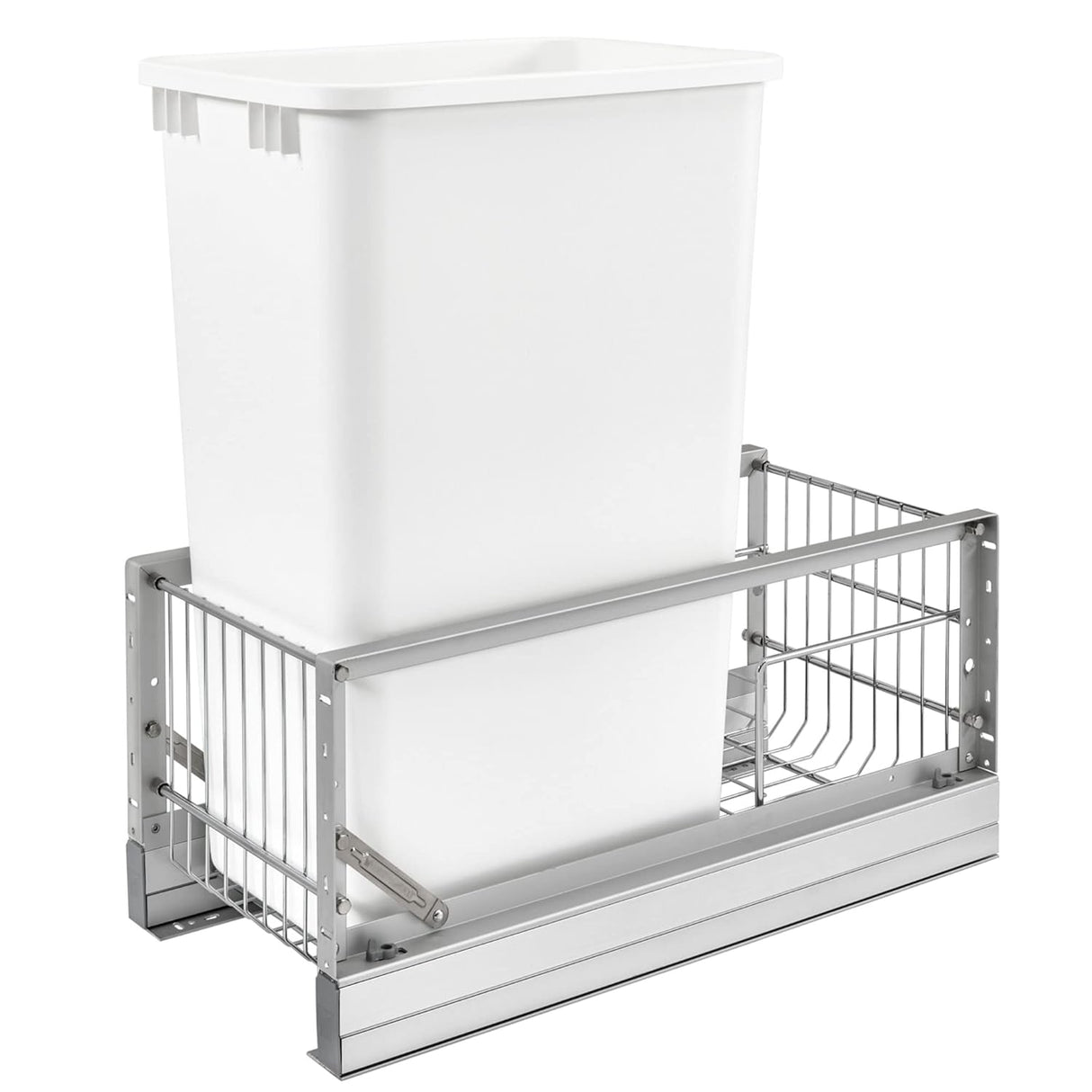 Rev-A-Shelf Double Pull Out Waste Container Storage with 2 27 Qt Trash Cans and Wire Basket for Kitchen Cabinets, White, 5349-1527DM-2