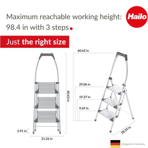 Hailo LivingStep Comfort Plus | Aluminum Folding Stepladder | Three Extra Large Steps | Stepladder with high Curved Safety bar and Storage Tray | Soft-Grip Base | Rustproof | Silver