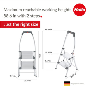 Hailo LivingStep Comfort Plus | Aluminum Folding Stepladder | Two Extra Large Steps | Stepladder with high Curved Safety bar and Storage Tray | Soft-Grip Base | Rustproof | Silver