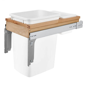 Rev-A-Shelf Double Pull-Out Trash Can for Base Kitchen/ Bathroom Cabinets, 35 Qt Wood Top Mount Garbage Bin, 15" x 1.5" Face-Frame, White, 4WCTM-18DM2