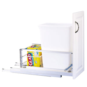 Rev-A-Shelf Double Pull Out Waste Container Storage with 2 27 Qt Trash Cans and Wire Basket for Kitchen Cabinets, White, 5349-1527DM-2