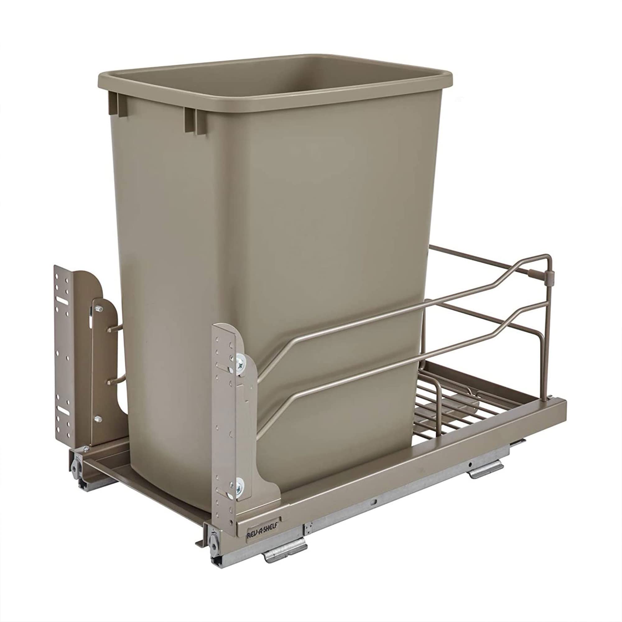 Rev-A-Shelf Pull-Out Trash Can for Under Kitchen Cabinets 35 Quart 8.75 Gallon with Soft-Close Slides and Rear Storage, Champagne, 53WC-1535SCDM-112