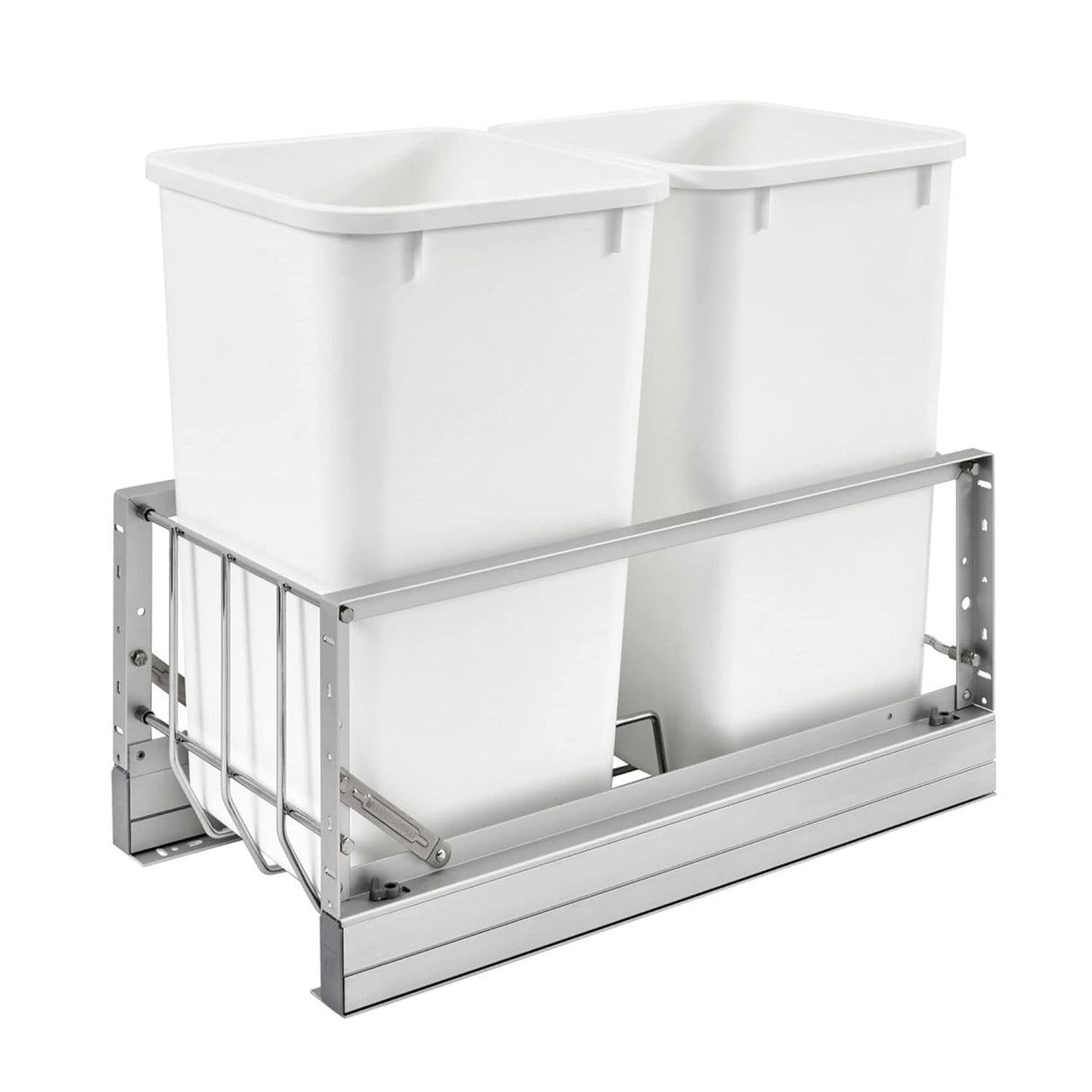 Rev-A-Shelf Double Pull Out Waste Container Storage with 2 27 Qt Trash Cans and Wire Basket for Kitchen Cabinets, White, 5349-1527DM-2