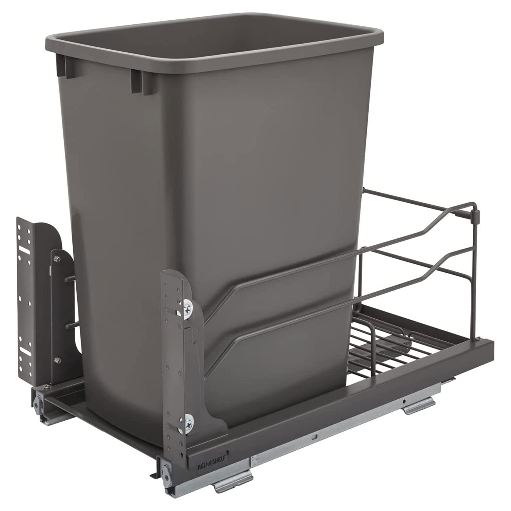 Rev-A-Shelf Pull-Out Trash Can for Under Kitchen Cabinets 35 Quart 8.75 Gallon with Soft-Close Slides and Rear Storage, Champagne, 53WC-1535SCDM-112