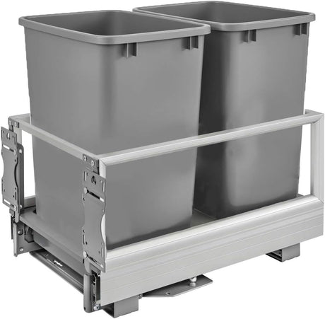 Rev-A-Shelf Double 50 Quart Pullout Trash Can for Base Kitchen Cabinets, Storage Garbage Bin on Wire Basket with Soft-Close, Silver, 5149-1527