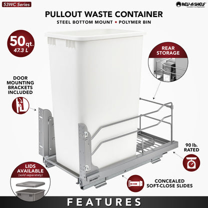 Rev-A-Shelf Pullout Trash Can for Full-Height Kitchen Cabinets 50 Quart 12.5 Gallon with Soft-Close Slides and Storage, Silver, 53WC-1550SCDM-117