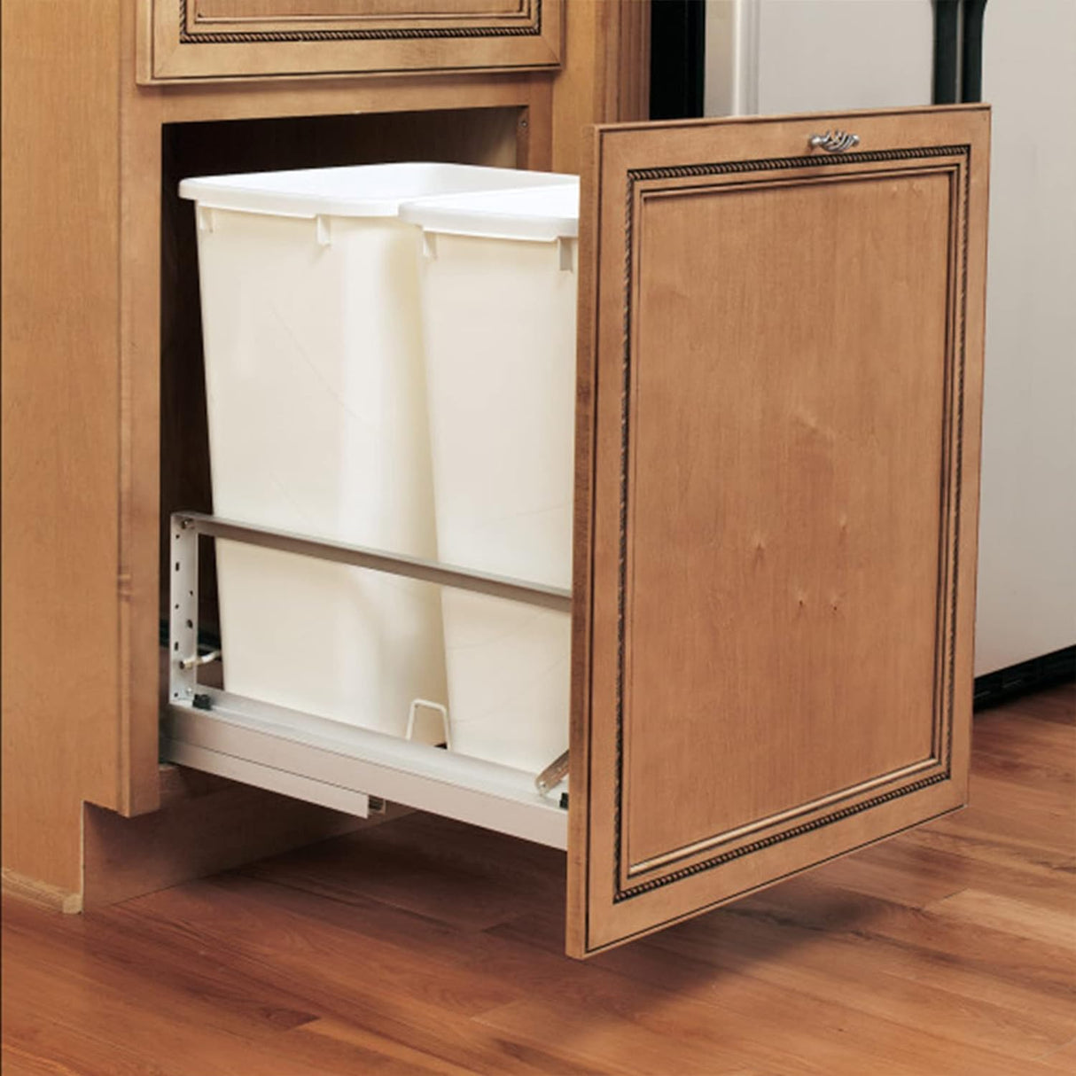 Rev-A-Shelf Double Pull Out Waste Container Storage with 2 27 Qt Trash Cans and Wire Basket for Kitchen Cabinets, White, 5349-1527DM-2