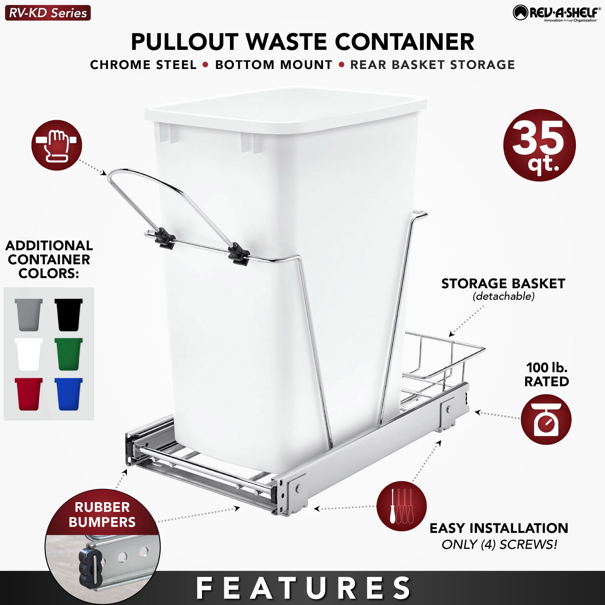 Rev-A-Shelf Pull Out Trash Can for Under Kitchen Cabinets 35 Qt 12 Gallon Garbage Waste Recycling Bin with Full Extension Slides, Silver, RV-12KD-17C S