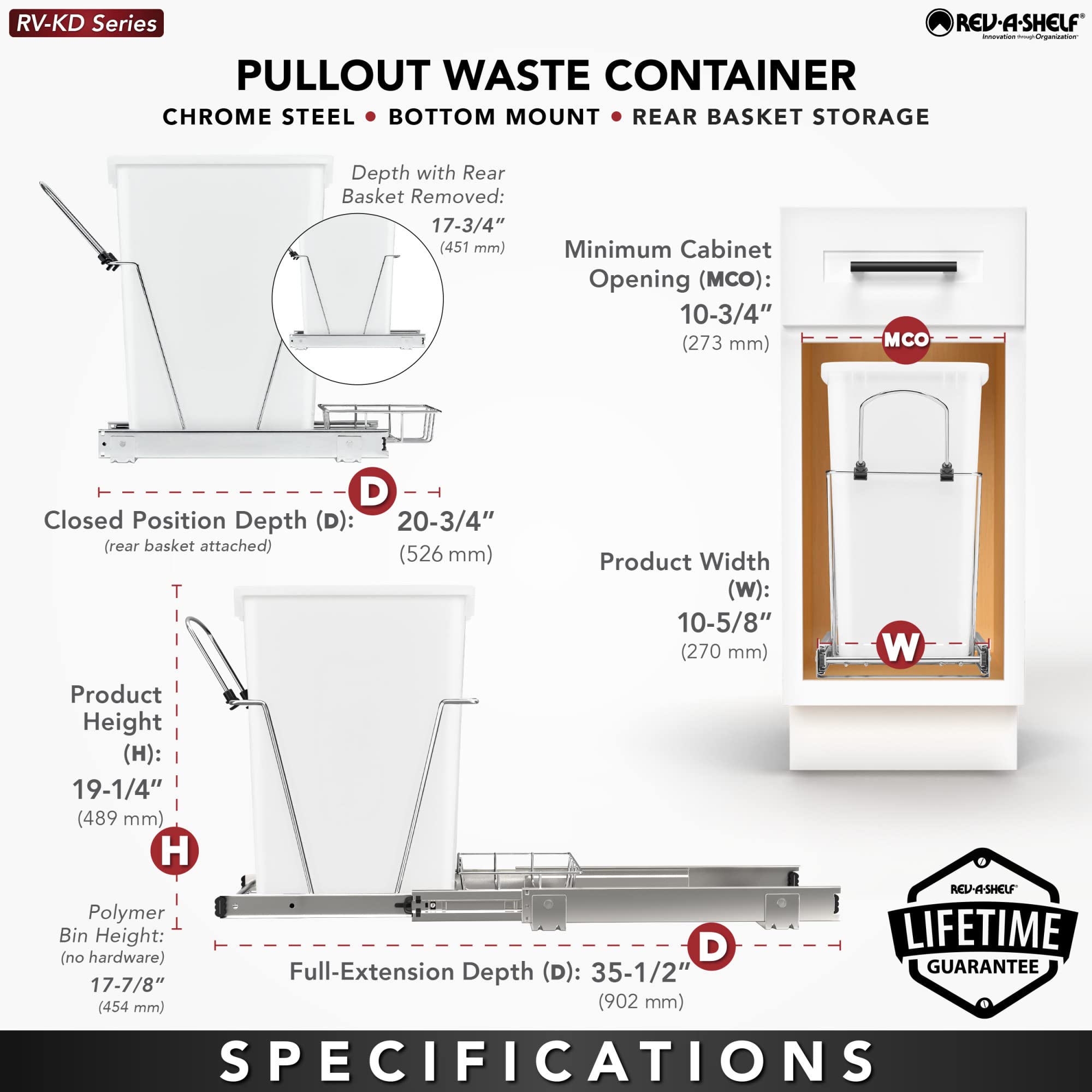 Rev-A-Shelf Pull Out Trash Can for Under Kitchen Cabinets 35 Qt 12 Gallon Garbage Waste Recycling Bin with Full Extension Slides, Silver, RV-12KD-17C S