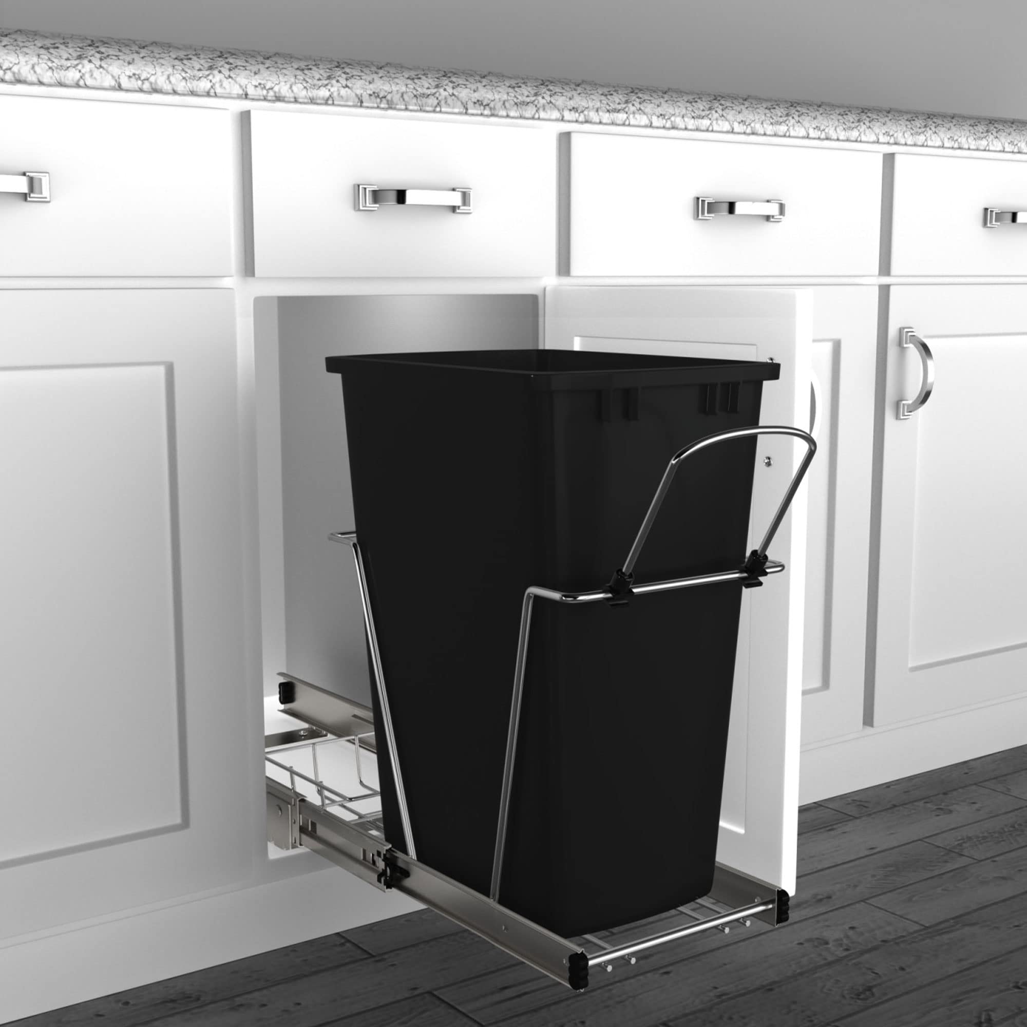 Rev-A-Shelf Pull Out Trash Can for Under Kitchen Cabinets 35 Qt 12 Gallon Garbage Waste Recycling Bin with Full Extension Slides, Silver, RV-12KD-17C S