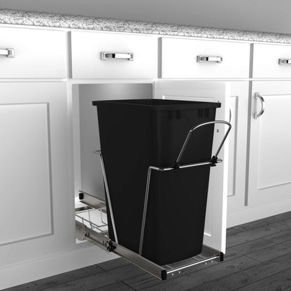 Rev-A-Shelf Pull Out Trash Can for Under Kitchen Cabinets 35 Qt 12 Gallon Garbage Waste Recycling Bin with Full Extension Slides, Silver, RV-12KD-17C S