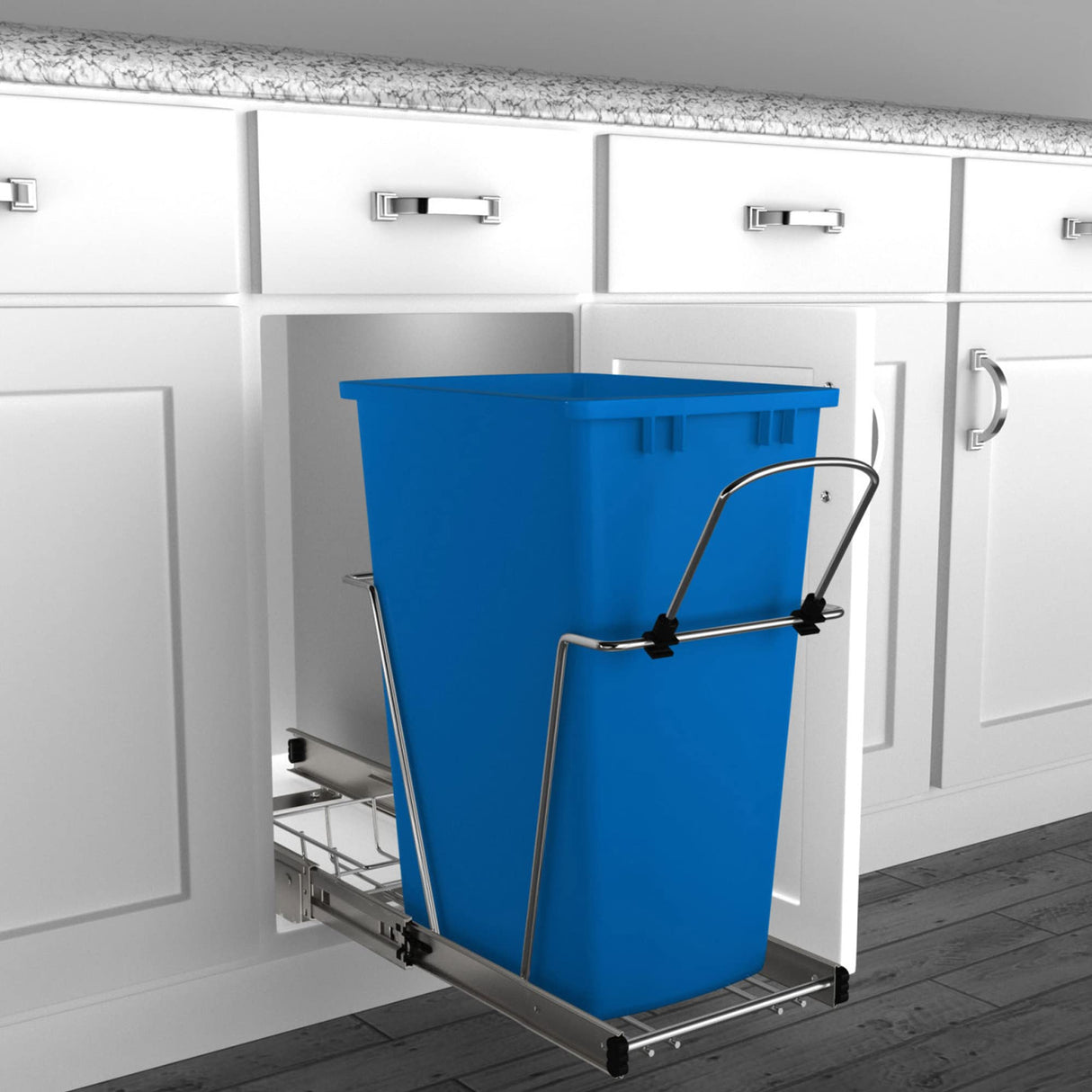 Rev-A-Shelf Pull Out Trash Can for Under Kitchen Cabinets 35 Qt 12 Gallon Garbage Waste Recycling Bin with Full Extension Slides, Silver, RV-12KD-17C S