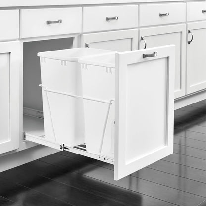 Rev-A-Shelf Single Pull Out 35 Qt Sliding Waste Bin Trash Container for Base Kitchen Cabinet, Wire Frame w/Ball Bearings, White, RV-18PB-1