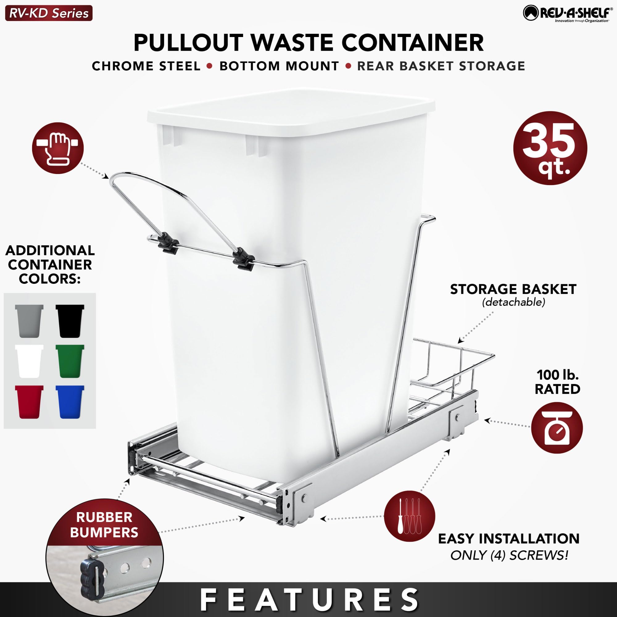 Rev-A-Shelf Pull Out Trash Can for Under Kitchen Cabinets 35 Qt 12 Gallon Garbage Waste Recycling Bin with Full Extension Slides, Silver, RV-12KD-17C S