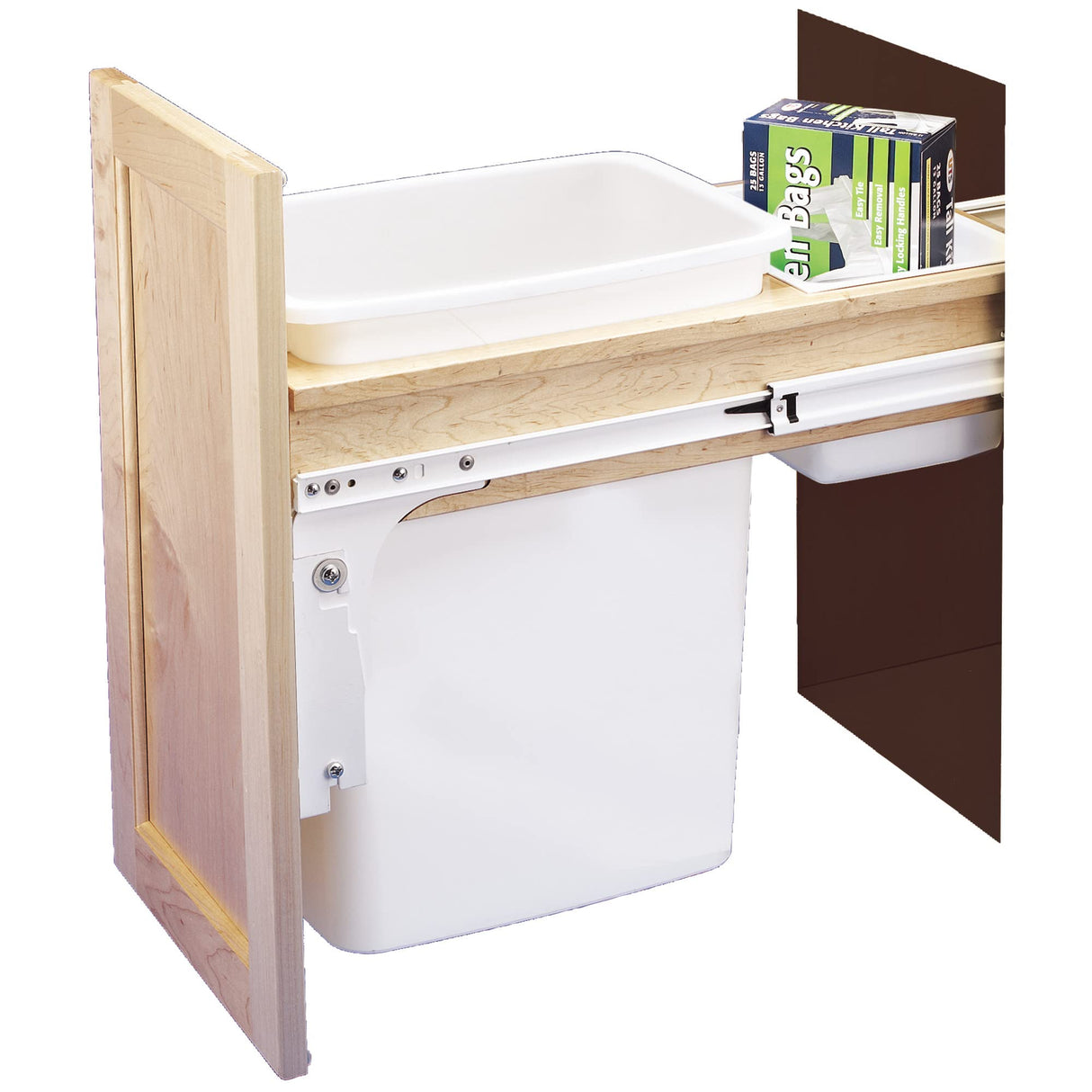 Rev-A-Shelf Double Pull-Out Trash Can for Base Kitchen/ Bathroom Cabinets, 35 Qt Wood Top Mount Garbage Bin, 15" x 1.5" Face-Frame, White, 4WCTM-18DM2