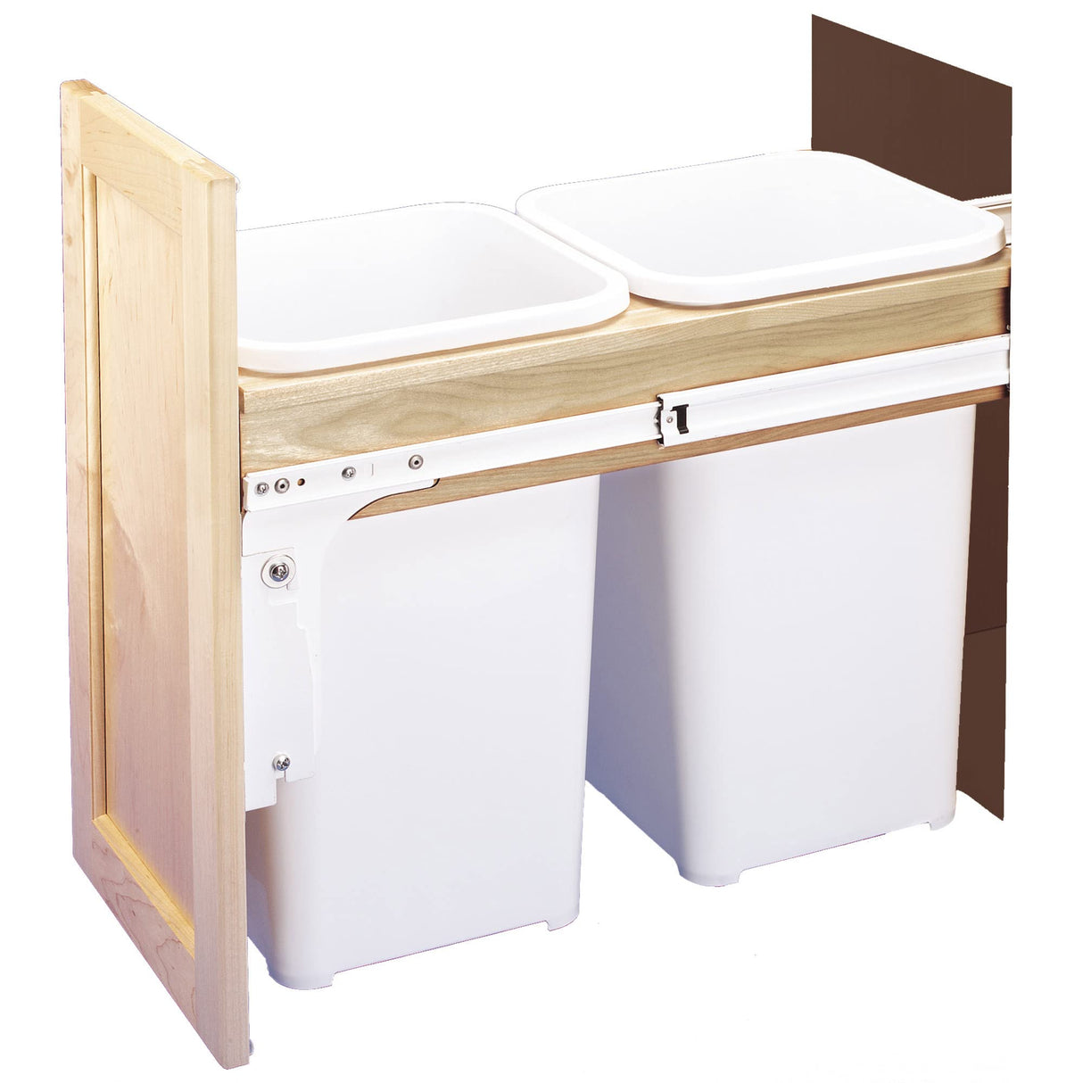 Rev-A-Shelf Double Pull-Out Trash Can for Base Kitchen/ Bathroom Cabinets, 35 Qt Wood Top Mount Garbage Bin, 15" x 1.5" Face-Frame, White, 4WCTM-18DM2