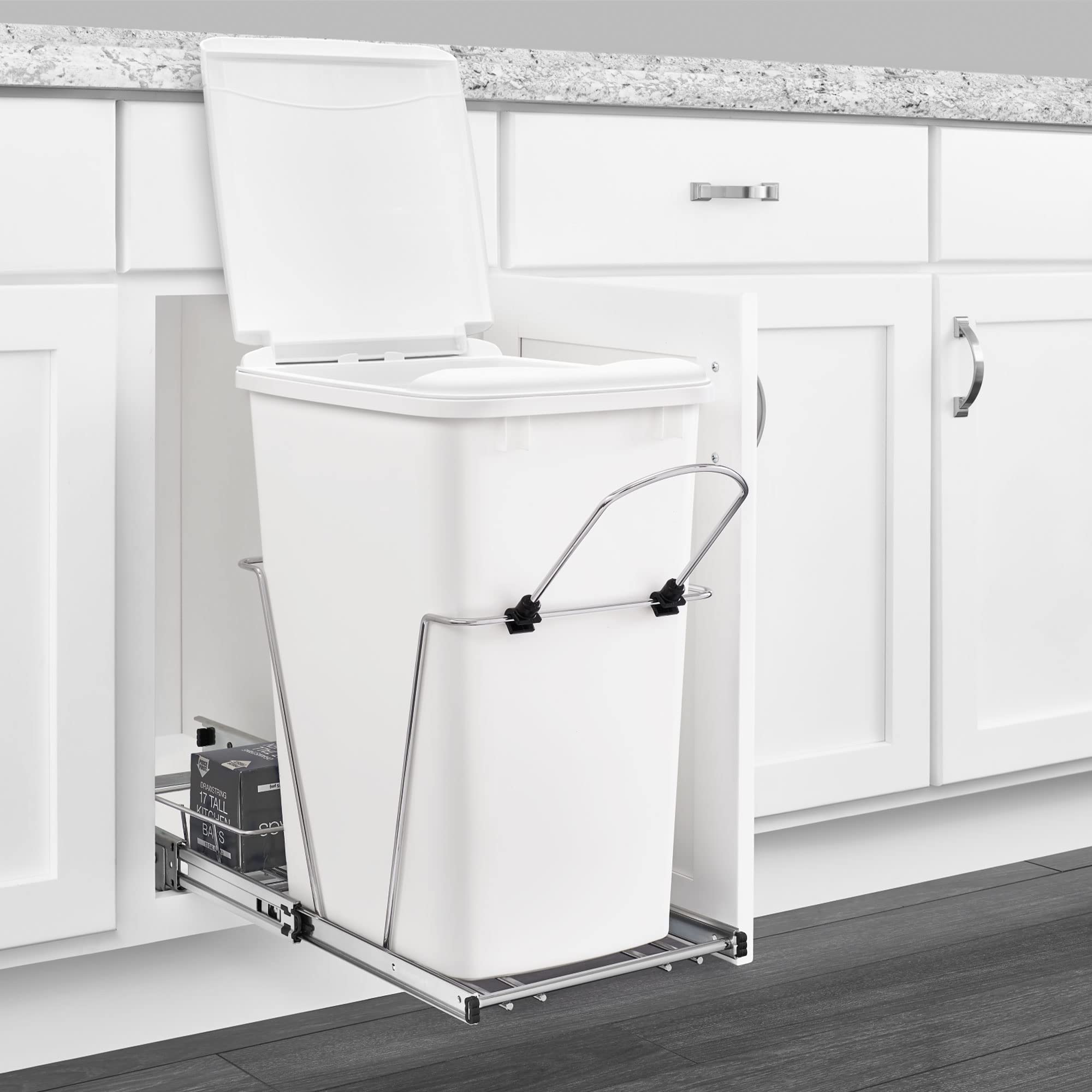 Rev-A-Shelf Pull Out Trash Can for Under Kitchen Cabinets 35 Qt 12 Gallon Garbage Waste Recycling Bin with Full Extension Slides, Silver, RV-12KD-17C S
