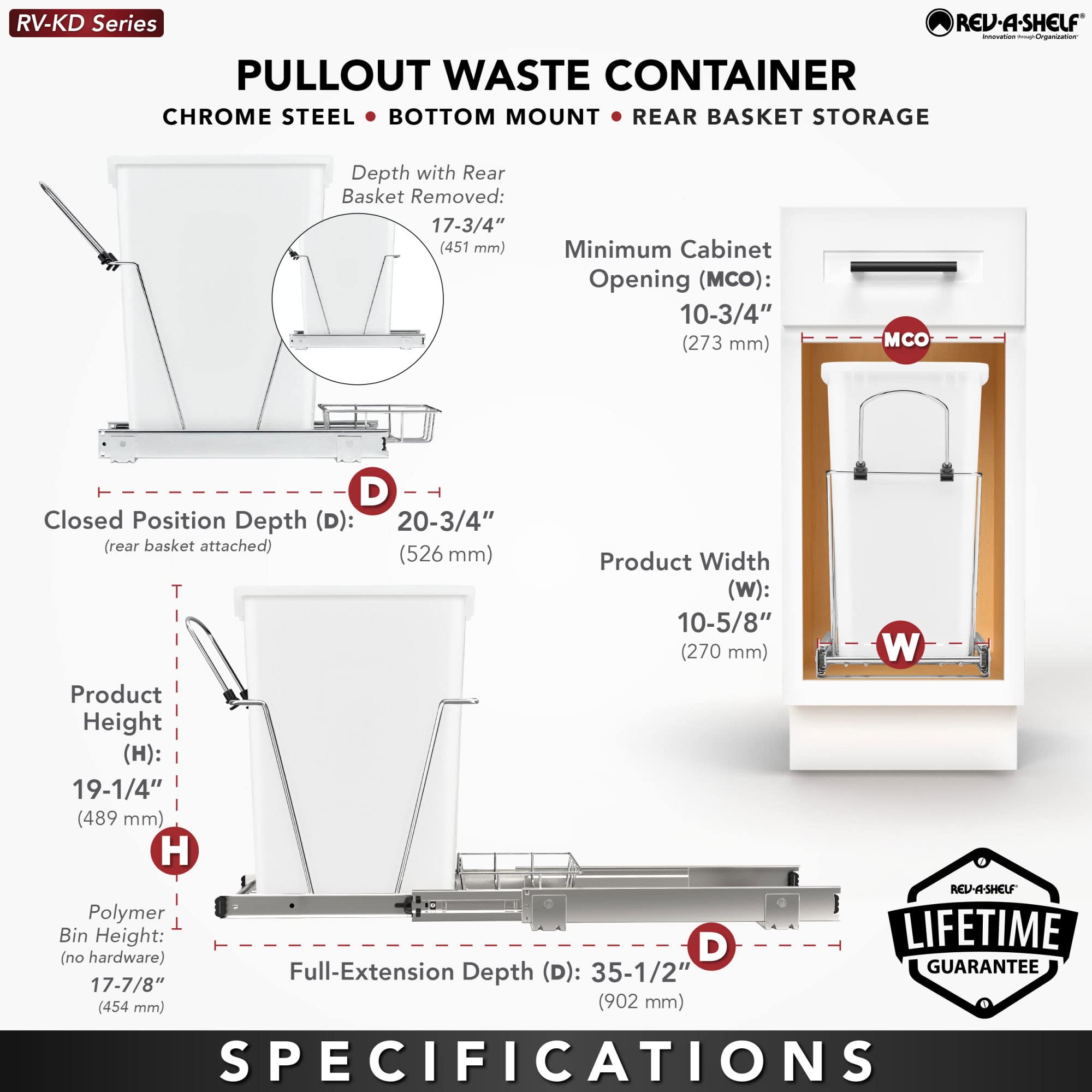 Rev-A-Shelf Pull Out Trash Can for Under Kitchen Cabinets 35 Qt 12 Gallon Garbage Waste Recycling Bin with Full Extension Slides, Silver, RV-12KD-17C S