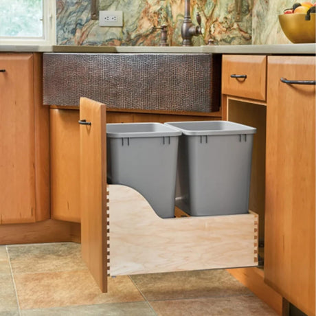 Rev-A-Shelf Pull Out Trash Can for Kitchen Cabinets 35 Qt 8.75 Gal Bottom Mounted, Rear Storage, Undermount Soft-Close Slides, Silver, 4WCSC-1535DM-12