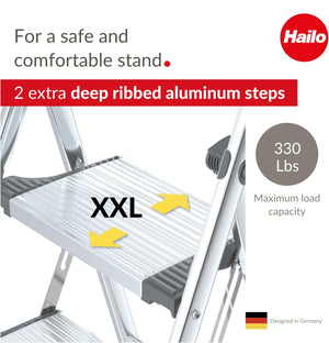 Hailo LivingStep Comfort Plus | Aluminum Folding Stepladder | Two Extra Large Steps | Stepladder with high Curved Safety bar and Storage Tray | Soft-Grip Base | Rustproof | Silver