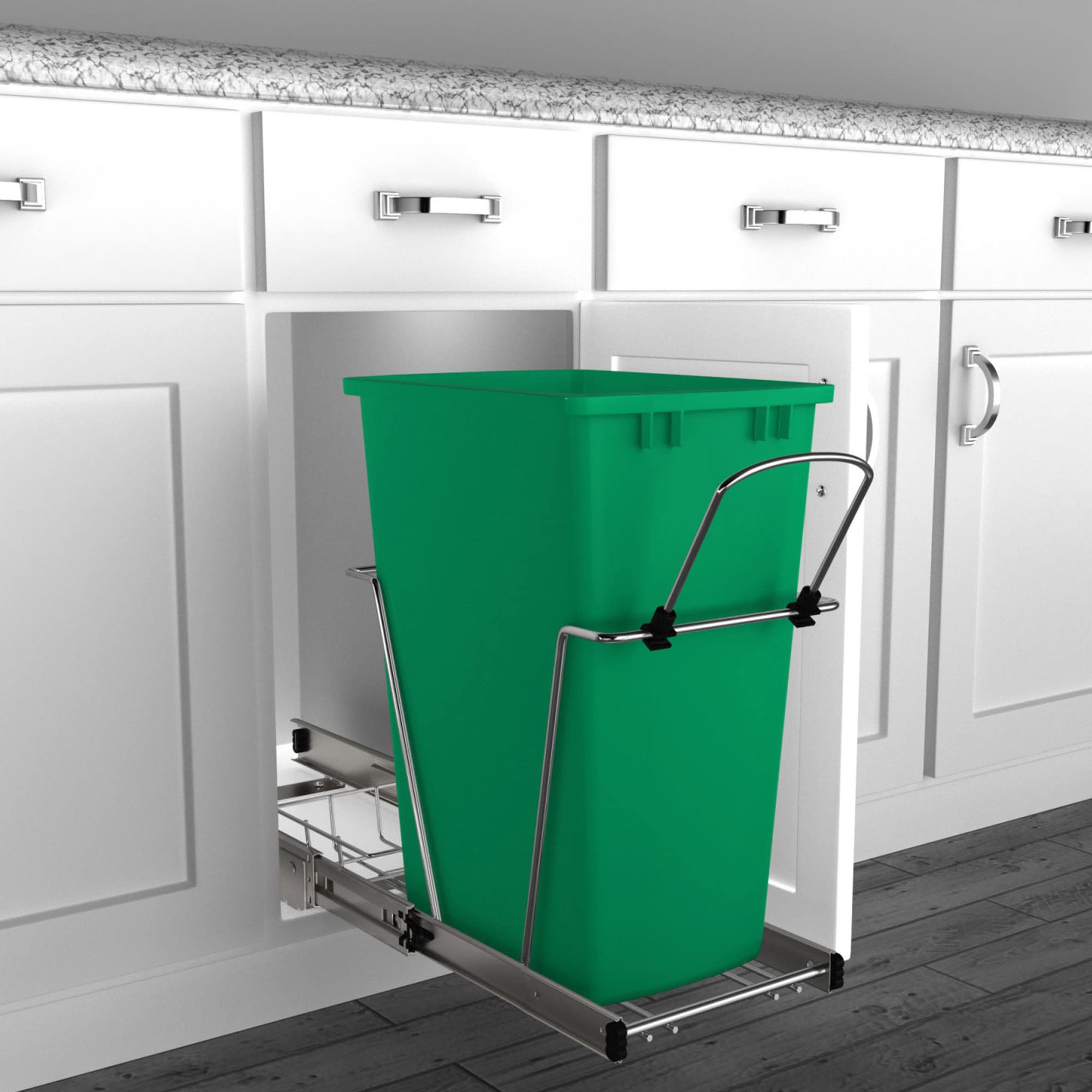 Rev-A-Shelf Pull Out Trash Can for Under Kitchen Cabinets 35 Qt 12 Gallon Garbage Waste Recycling Bin with Full Extension Slides, Silver, RV-12KD-17C S