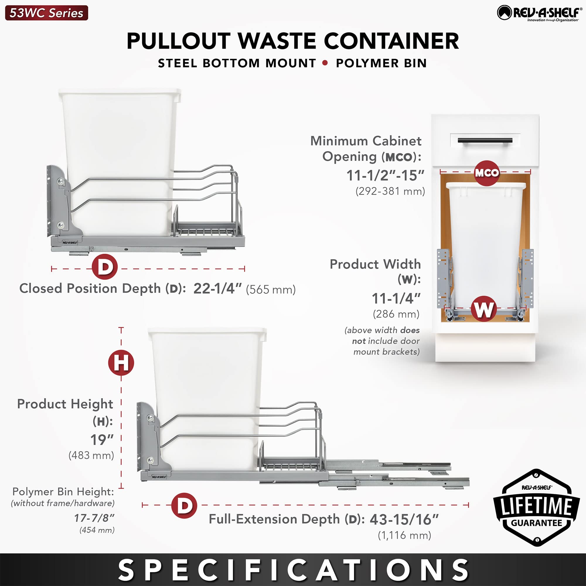 Rev-A-Shelf Pull-Out Trash Can for Under Kitchen Cabinets 35 Quart 8.75 Gallon with Soft-Close Slides and Rear Storage, Champagne, 53WC-1535SCDM-112