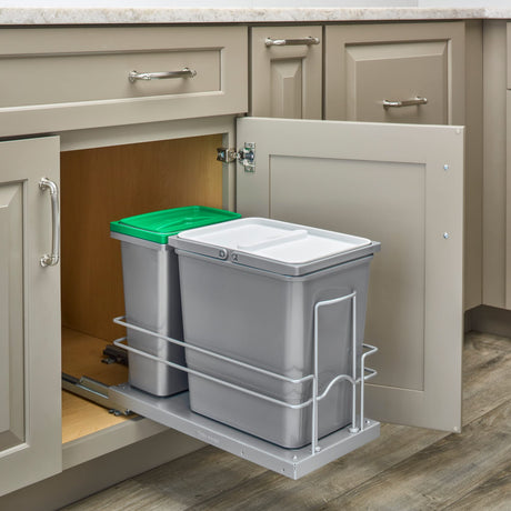 Rev-A-Shelf Double Trash Can Under Counter Pull Out and Recycle Bin with Reduced Depth for Trash and Recyclable with Soft-Close Slides, 5SBWC-815S-1