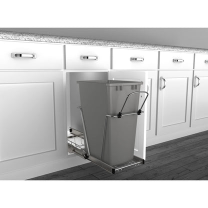 Rev-A-Shelf Pull Out Trash Can for Under Kitchen Cabinets 35 Qt 12 Gallon Garbage Waste Recycling Bin with Full Extension Slides, Silver, RV-12KD-17C S