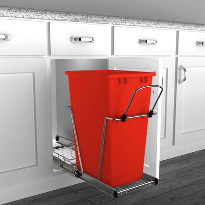 Rev-A-Shelf Pull Out Trash Can for Under Kitchen Cabinets 35 Qt 12 Gallon Garbage Waste Recycling Bin with Full Extension Slides, Silver, RV-12KD-17C S