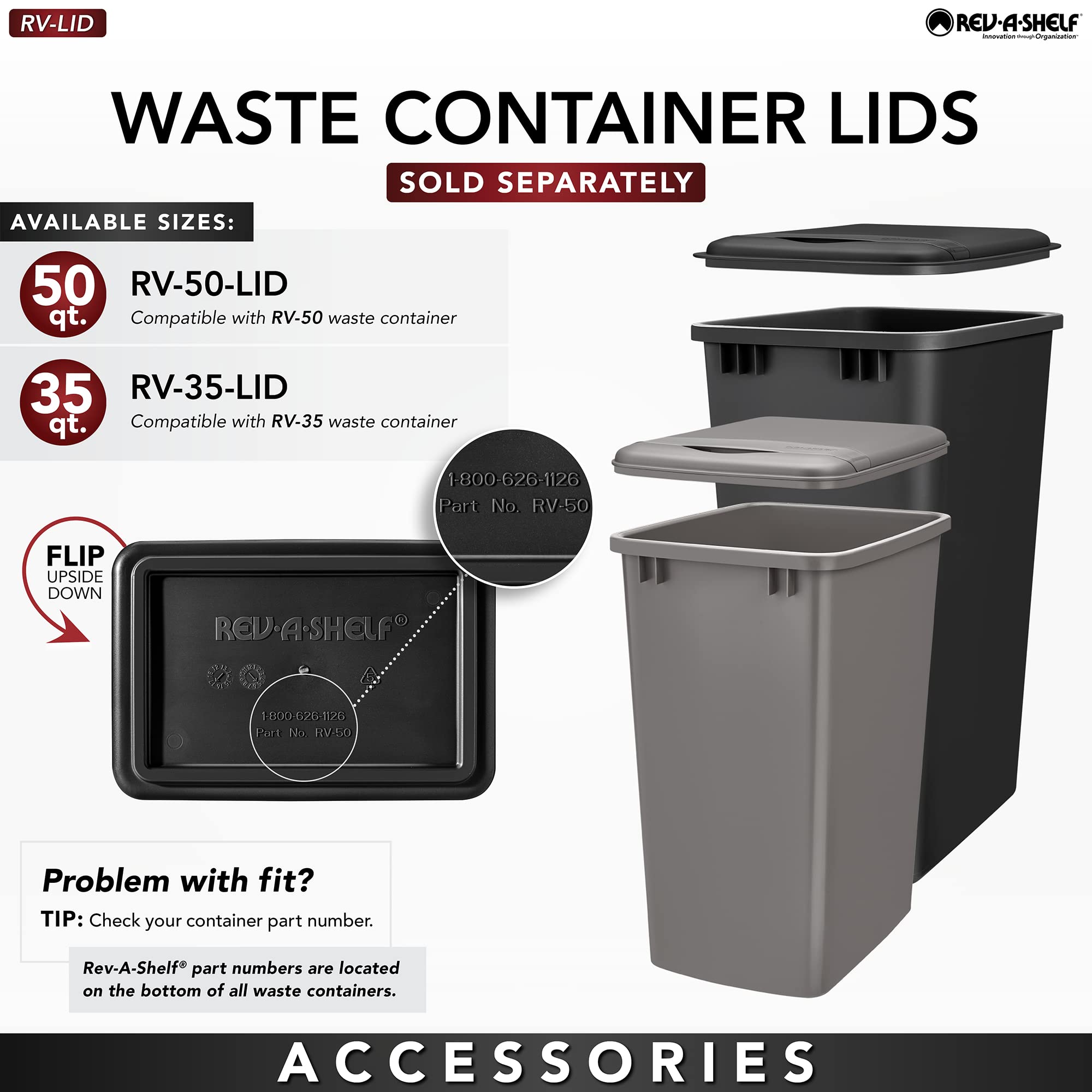 Rev-A-Shelf Pullout Trash Can for Full-Height Kitchen Cabinets 50 Quart 12.5 Gallon with Soft-Close Slides and Storage, Silver, 53WC-1550SCDM-117