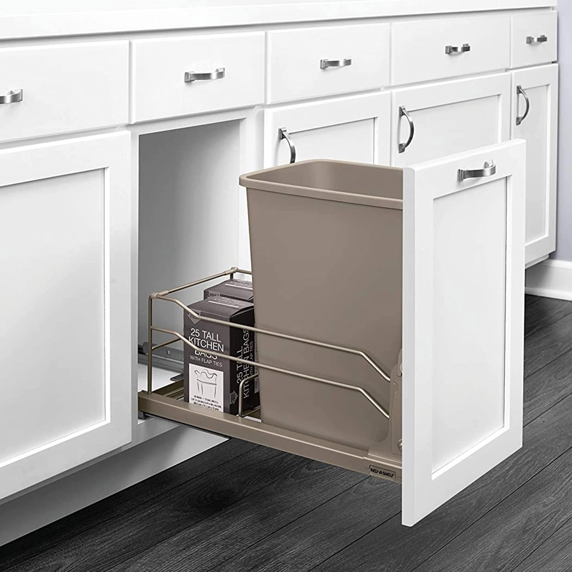 Rev-A-Shelf Pull-Out Trash Can for Under Kitchen Cabinets 35 Quart 8.75 Gallon with Soft-Close Slides and Rear Storage, Champagne, 53WC-1535SCDM-112