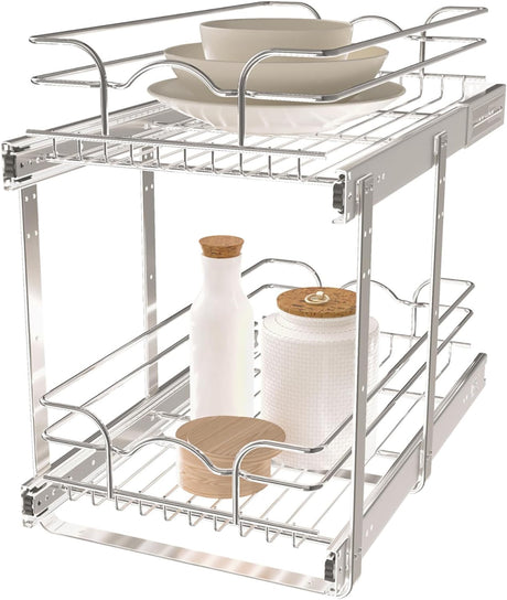 Rev-A-Shelf 5WB2 Series 2-Tier Kitchen Cabinet Pull Out Shelf and Drawer Organizer Slide Out Pantry Storage Basket in Multiple Sizes, 9 x 18 In, 5WB2-0918CR-1