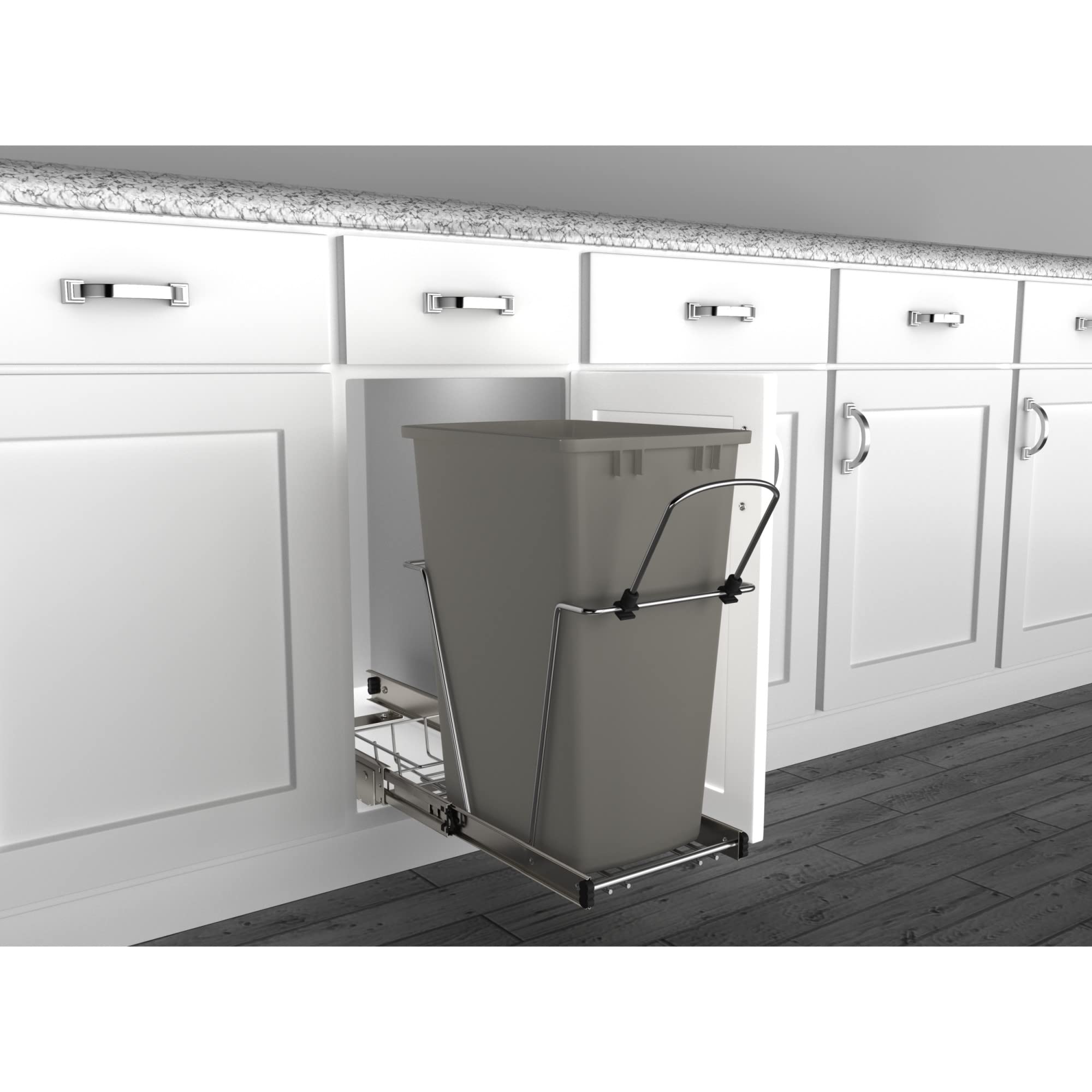 Rev-A-Shelf Pull Out Trash Can for Under Kitchen Cabinets 35 Qt 12 Gallon Garbage Waste Recycling Bin with Full Extension Slides, Silver, RV-12KD-17C S