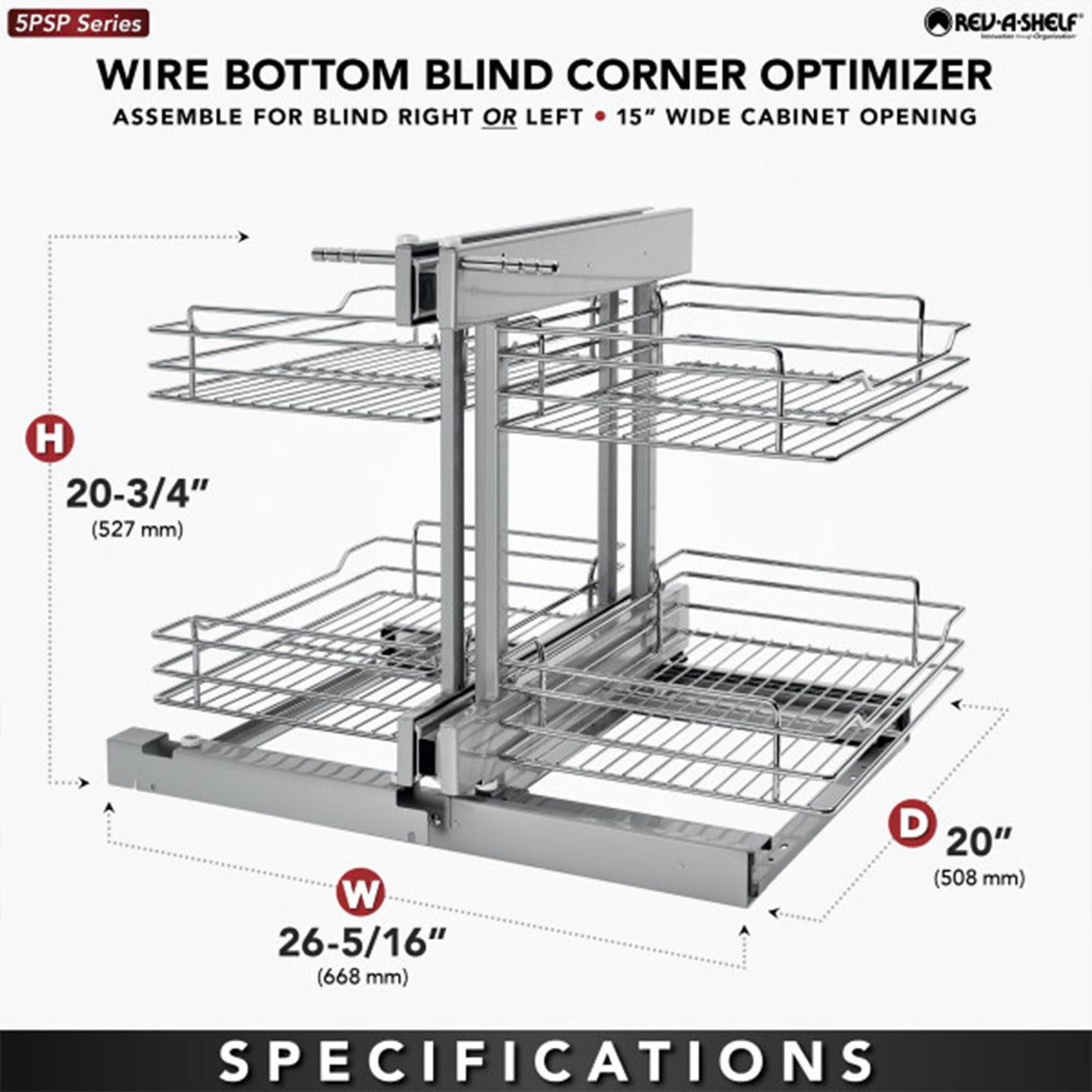 Rev-A-Shelf Dual Tier Pull Out Shelf Organizer for Blind Corner Kitchen or Bathroom Cabinets with Soft Close,15", 4 Shelves, Silver, 5PSP-15-CR