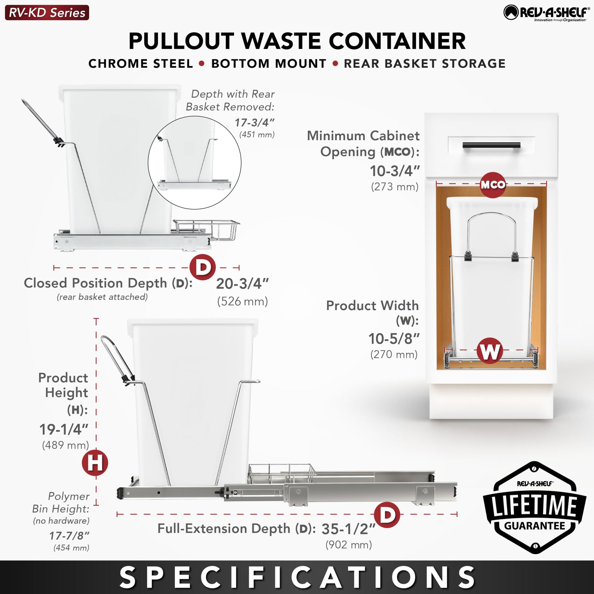 Rev-A-Shelf Pull Out Trash Can for Under Kitchen Cabinets 35 Qt 12 Gallon Garbage Waste Recycling Bin with Full Extension Slides, Silver, RV-12KD-17C S