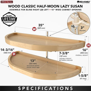 Rev-A-Shelf 32" Dual Shelf Half Moon Lazy Susan Organizer for Blind Corner Kitchen Cabinets, Pull Out Turntable Storage Trays, Wood, 4WLS882-32-570