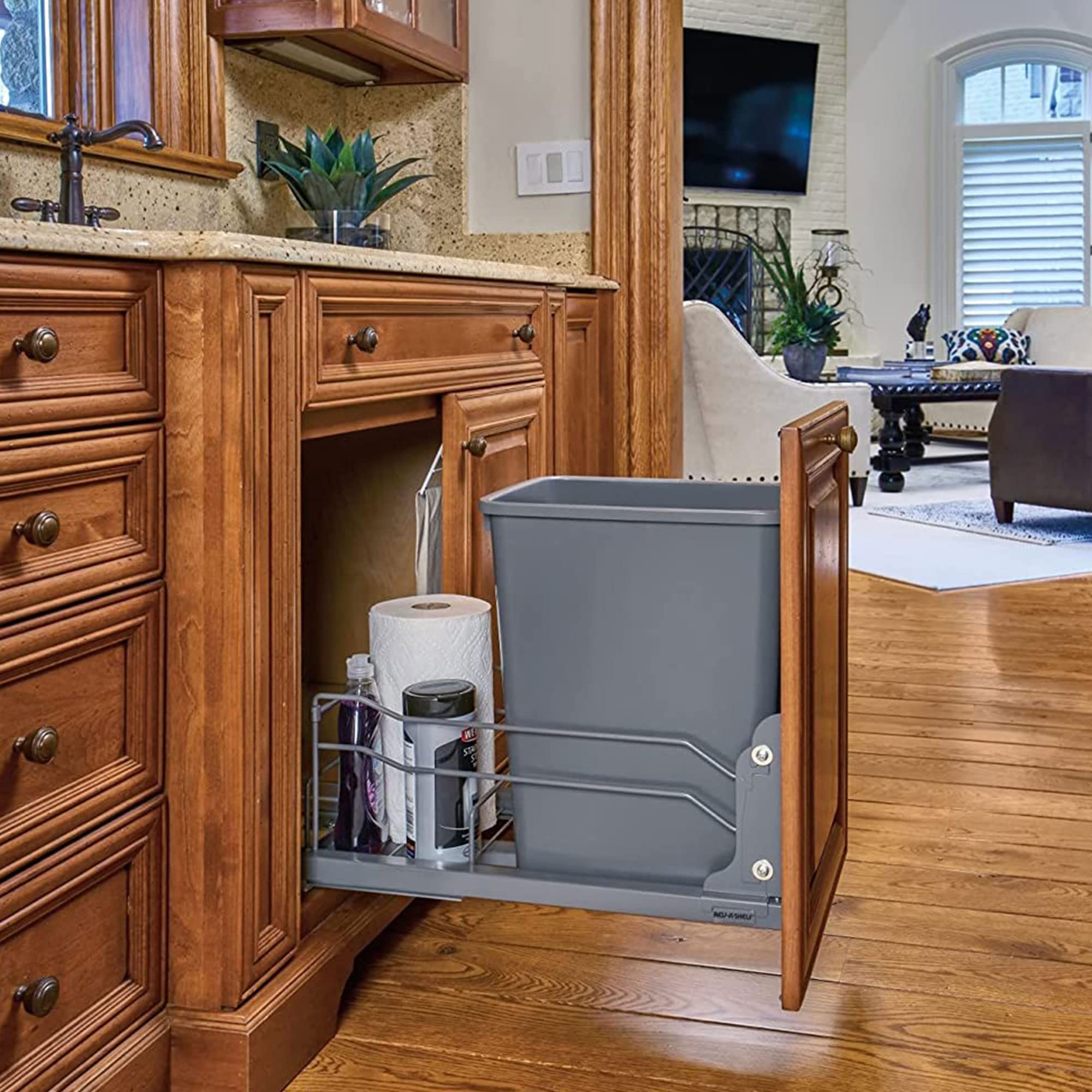Rev-A-Shelf Pull-Out Trash Can for Under Kitchen Cabinets 35 Quart 8.75 Gallon with Soft-Close Slides and Rear Storage, Champagne, 53WC-1535SCDM-112