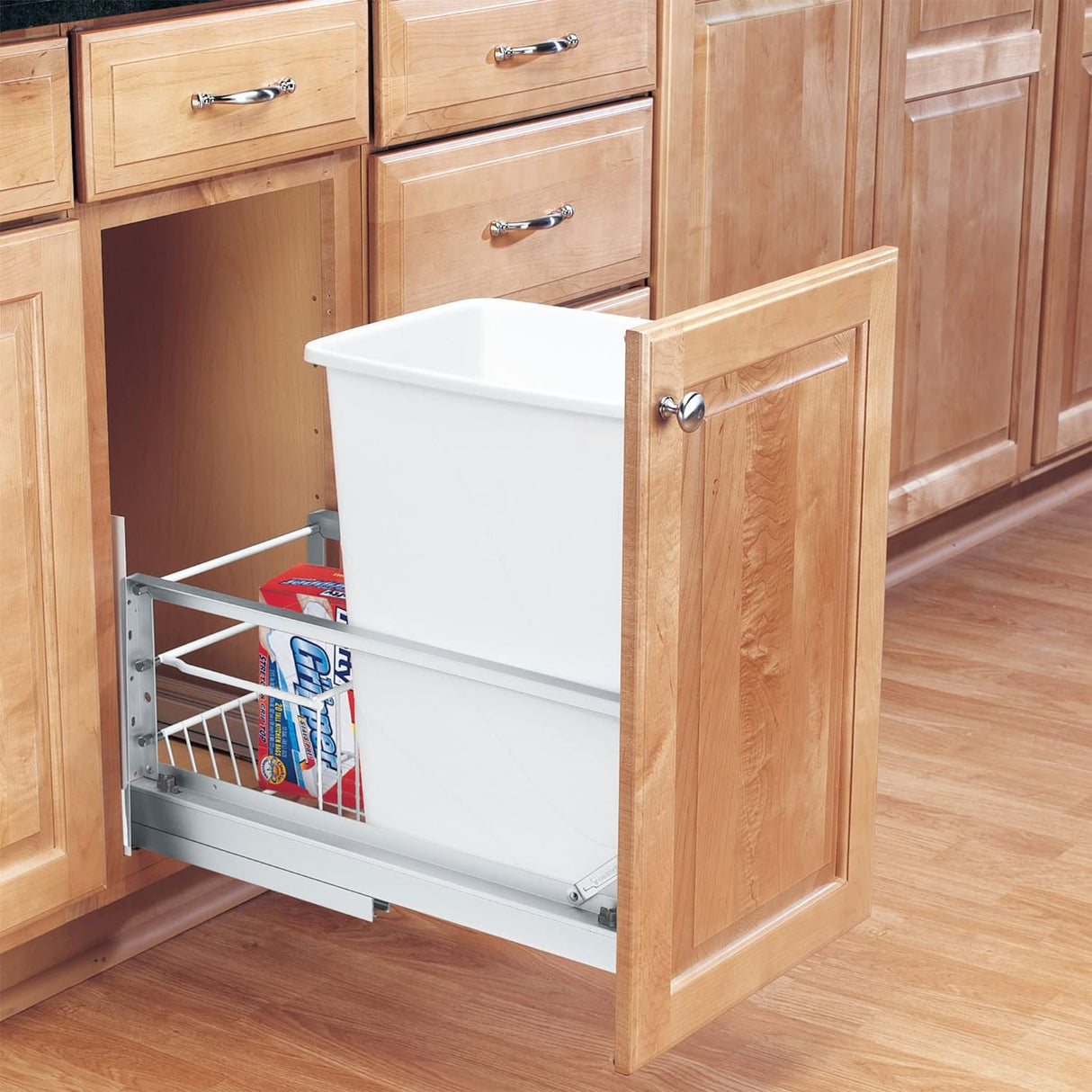 Rev-A-Shelf Double Pull Out Waste Container Storage with 2 27 Qt Trash Cans and Wire Basket for Kitchen Cabinets, White, 5349-1527DM-2