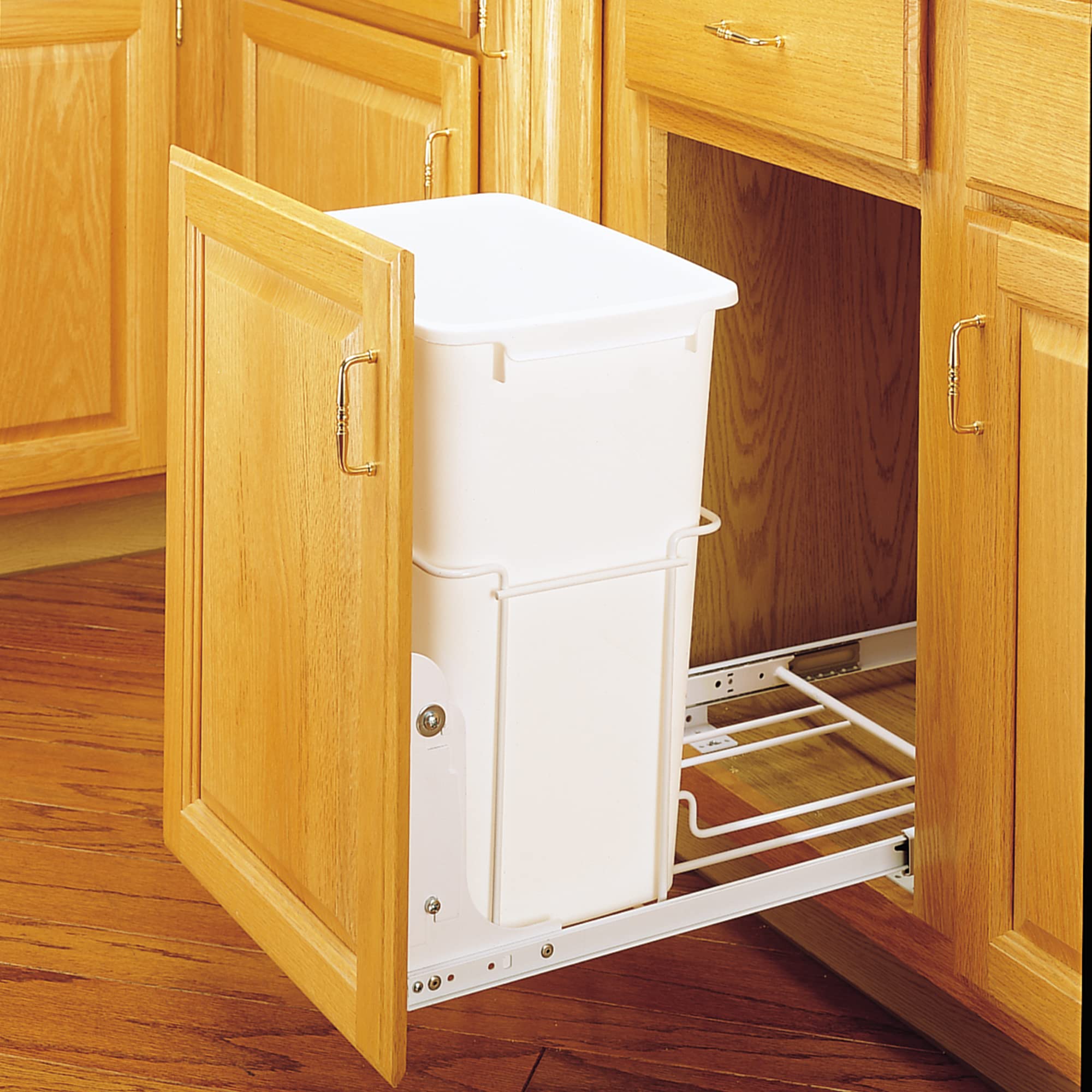 Rev-A-Shelf Single Pull Out 35 Qt Sliding Waste Bin Trash Container for Base Kitchen Cabinet, Wire Frame w/Ball Bearings, White, RV-18PB-1