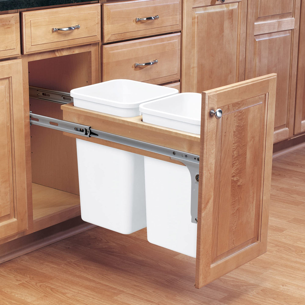 Rev-A-Shelf Double Pull-Out Trash Can for Base Kitchen/ Bathroom Cabinets, 35 Qt Wood Top Mount Garbage Bin, 15" x 1.5" Face-Frame, White, 4WCTM-18DM2