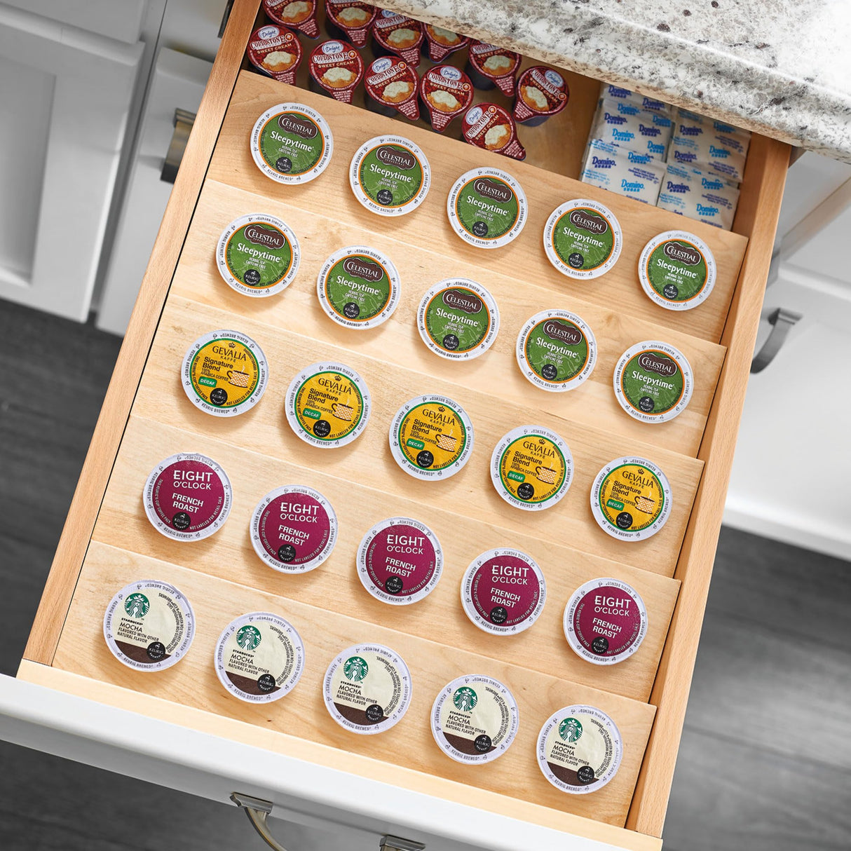 Rev-A-Shelf 16" K-Cup Coffee or Tea Pod Organizer, Pull Out Kitchen Draw Utensil Storage Organizer, Maple Wooden Insert for 30 Pods, 4CDI-18-KCUP-1