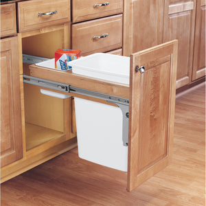 Rev-A-Shelf Double Pull-Out Trash Can for Base Kitchen/ Bathroom Cabinets, 35 Qt Wood Top Mount Garbage Bin, 15" x 1.5" Face-Frame, White, 4WCTM-18DM2