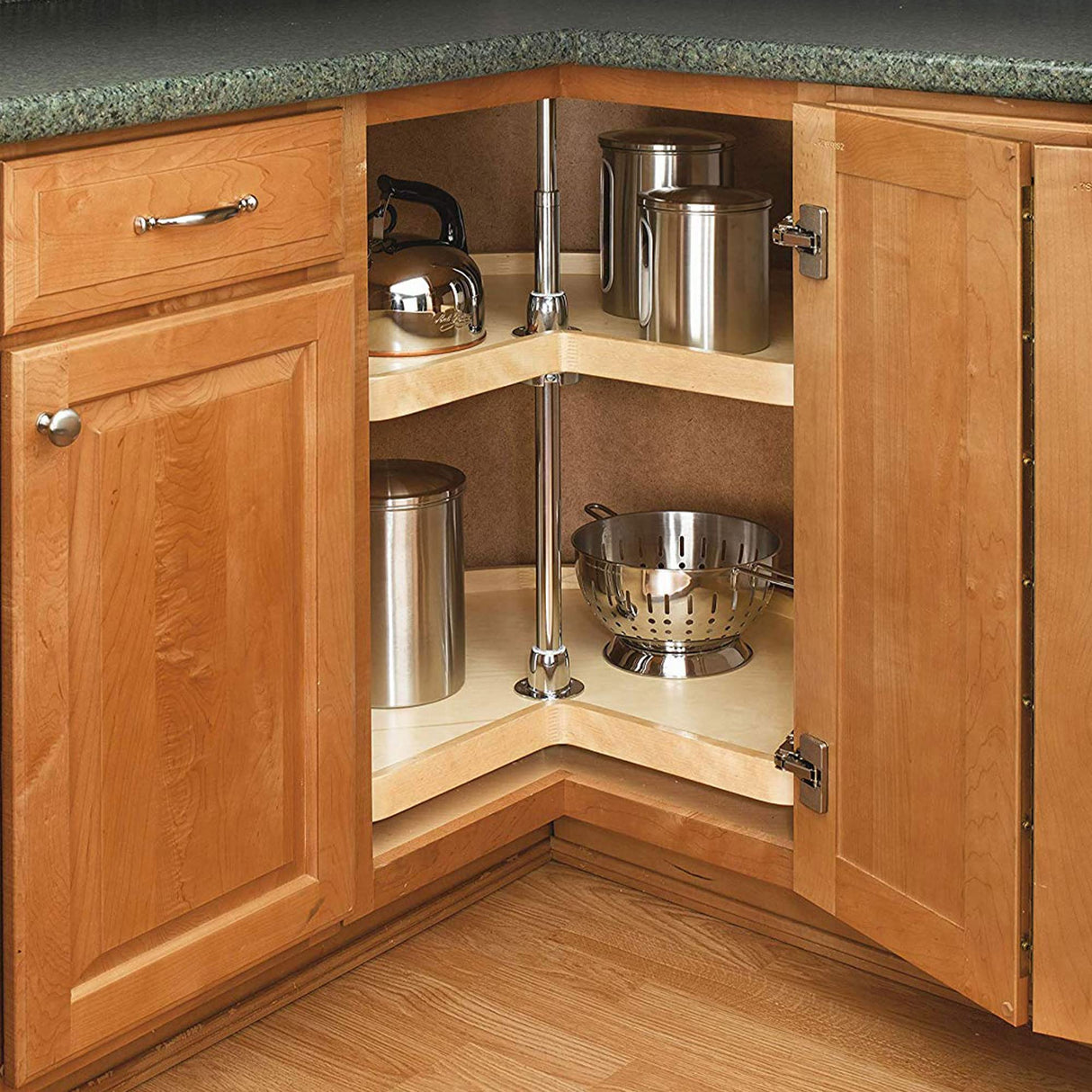 Rev-A-Shelf Dual Shelves Kidney-Shape 24" Lazy Susan Organizer for Lower Corner & Base Kitchen Cabinets, Turntable Home Storage, Wooden, 4WLS472-24-52