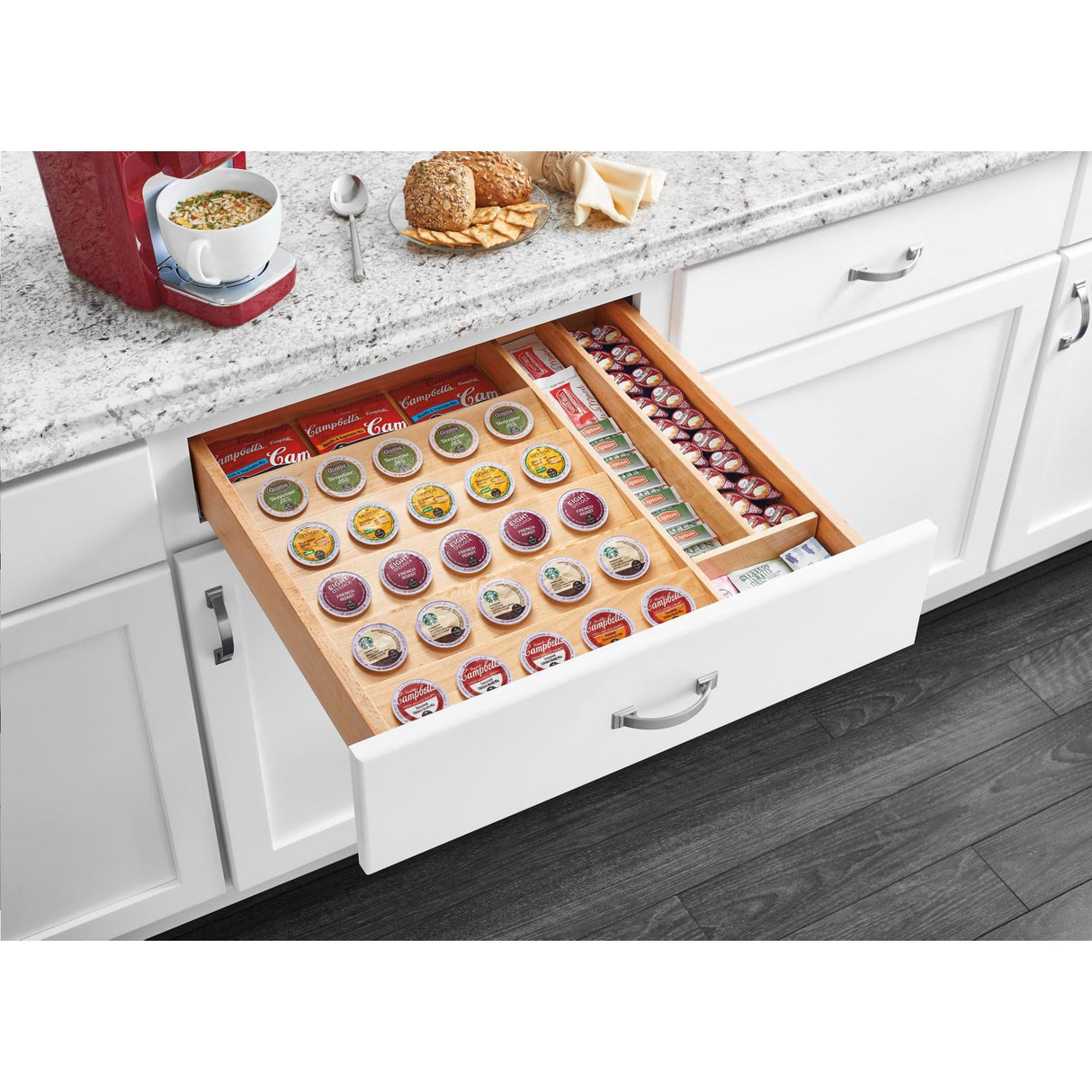 Rev-A-Shelf 16" K-Cup Coffee or Tea Pod Organizer, Pull Out Kitchen Draw Utensil Storage Organizer, Maple Wooden Insert for 30 Pods, 4CDI-18-KCUP-1