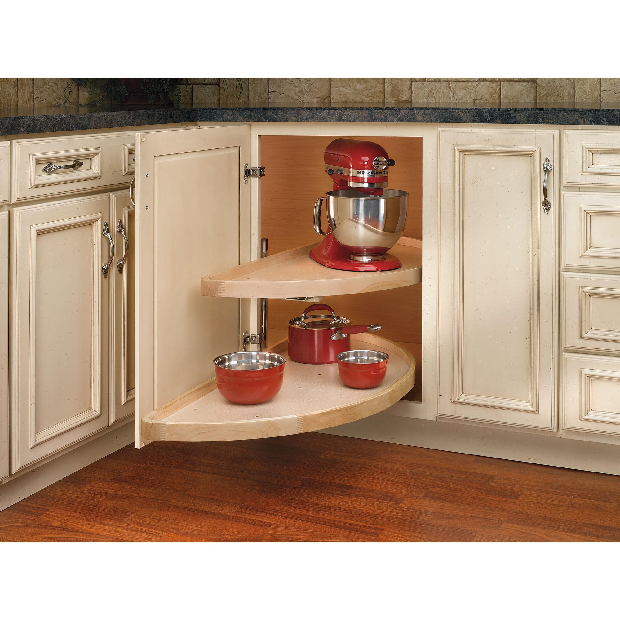 Rev-A-Shelf Dual Shelf Half Moon Lazy Susan Organizer for Blind Corner Kitchen Cabinets, Pull Out Turntable Storage Trays, Wood, 4WLS882-32-570