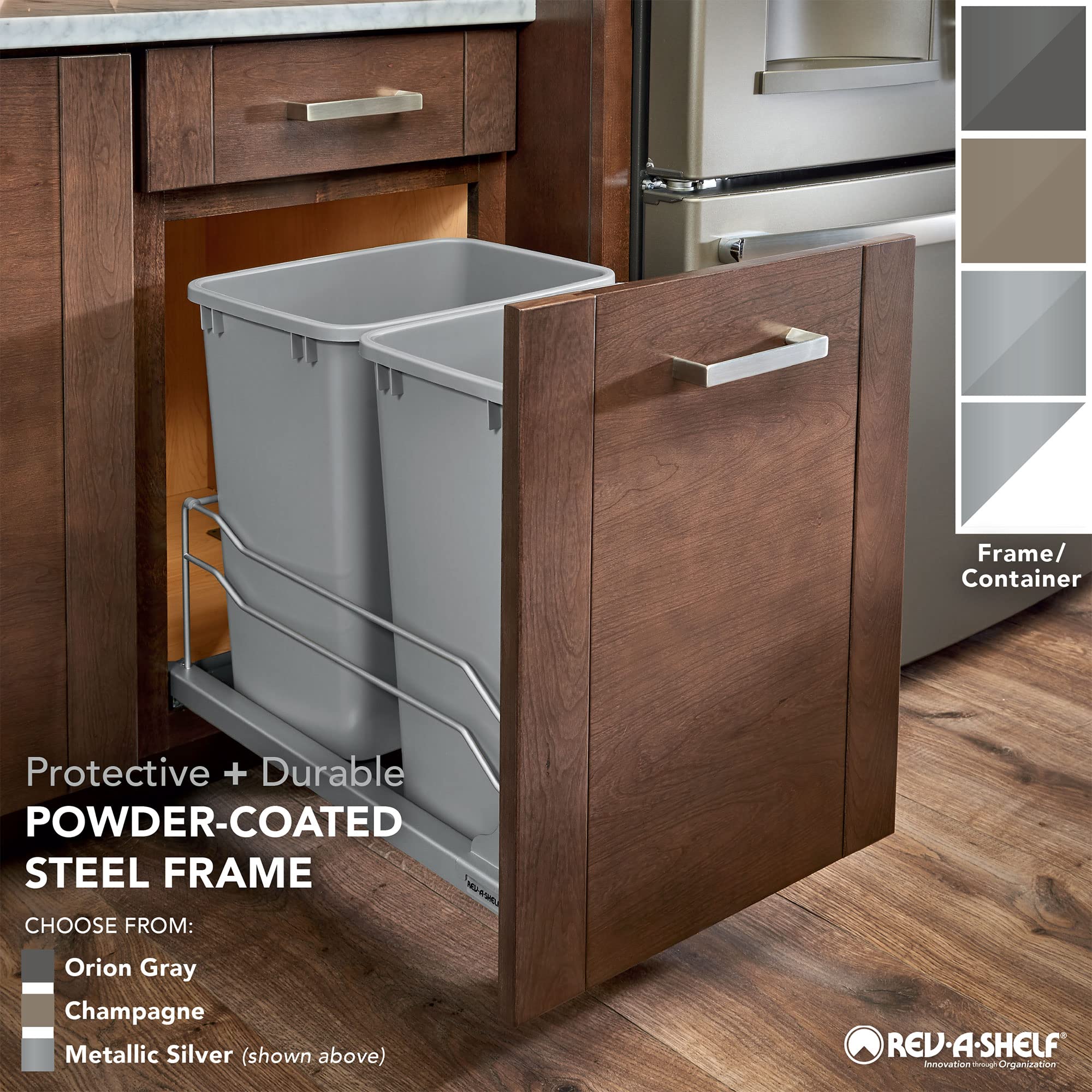 Rev-A-Shelf Pull-Out Trash Can for Under Kitchen Cabinets 35 Quart 8.75 Gallon with Soft-Close Slides and Rear Storage, Champagne, 53WC-1535SCDM-112