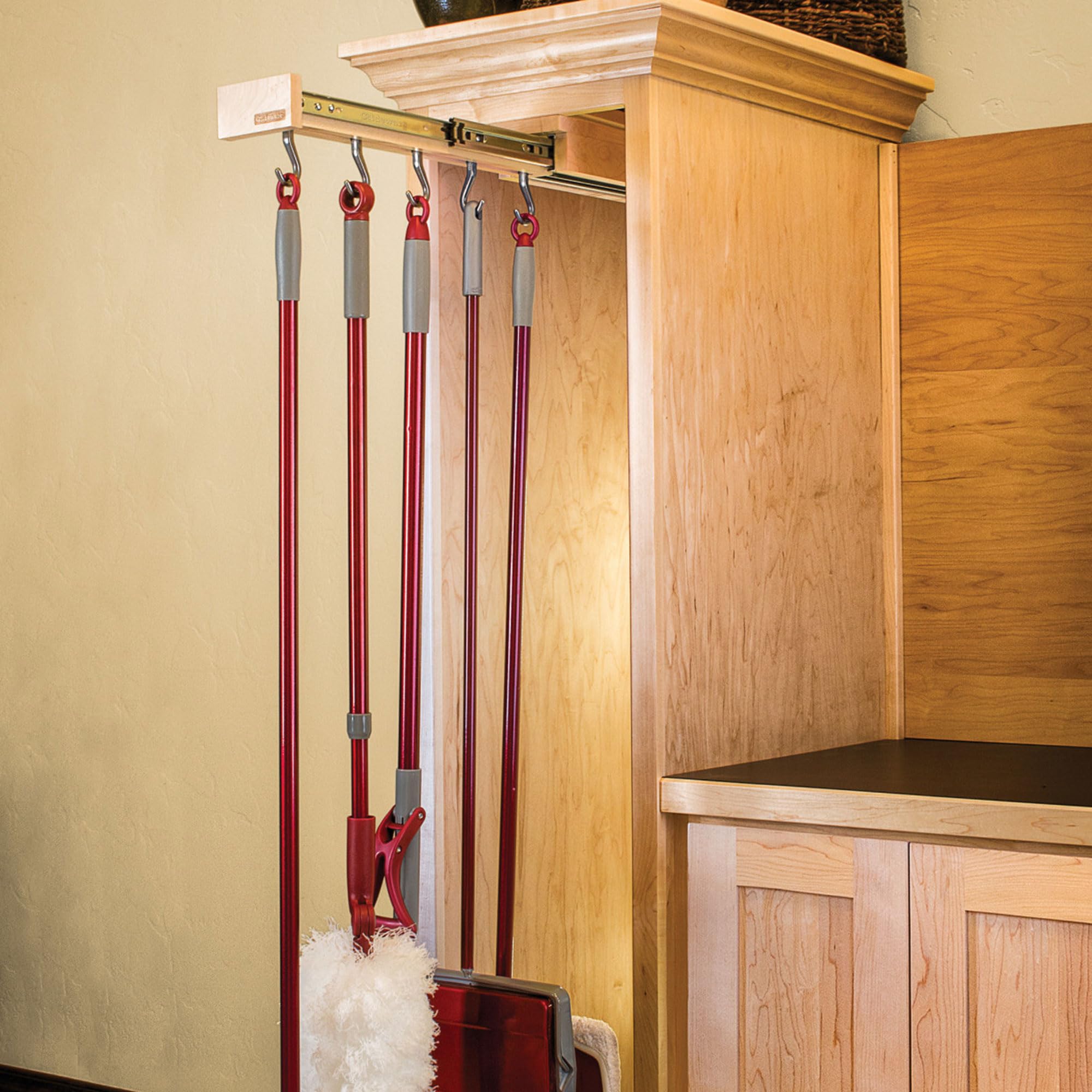 Rev-A-Shelf 14" Pull Out Kitchen Cabinet Pantry Organizer with 5 Hanging Hooks with Ball Bearing Slide System, Maple Wood, GLD-W14-SC-5