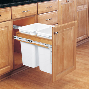 Rev-A-Shelf Double Pull-Out Trash Can for Base Kitchen/ Bathroom Cabinets, 35 Qt Wood Top Mount Garbage Bin, 15" x 1.5" Face-Frame, White, 4WCTM-18DM2