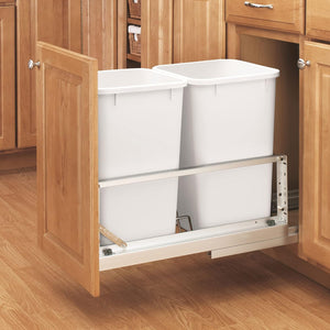 Rev-A-Shelf Double Pull Out Waste Container Storage with 2 27 Qt Trash Cans and Wire Basket for Kitchen Cabinets, White, 5349-1527DM-2