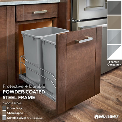 Rev-A-Shelf Pullout Trash Can for Full-Height Kitchen Cabinets 50 Quart 12.5 Gallon with Soft-Close Slides and Storage, Silver, 53WC-1550SCDM-117